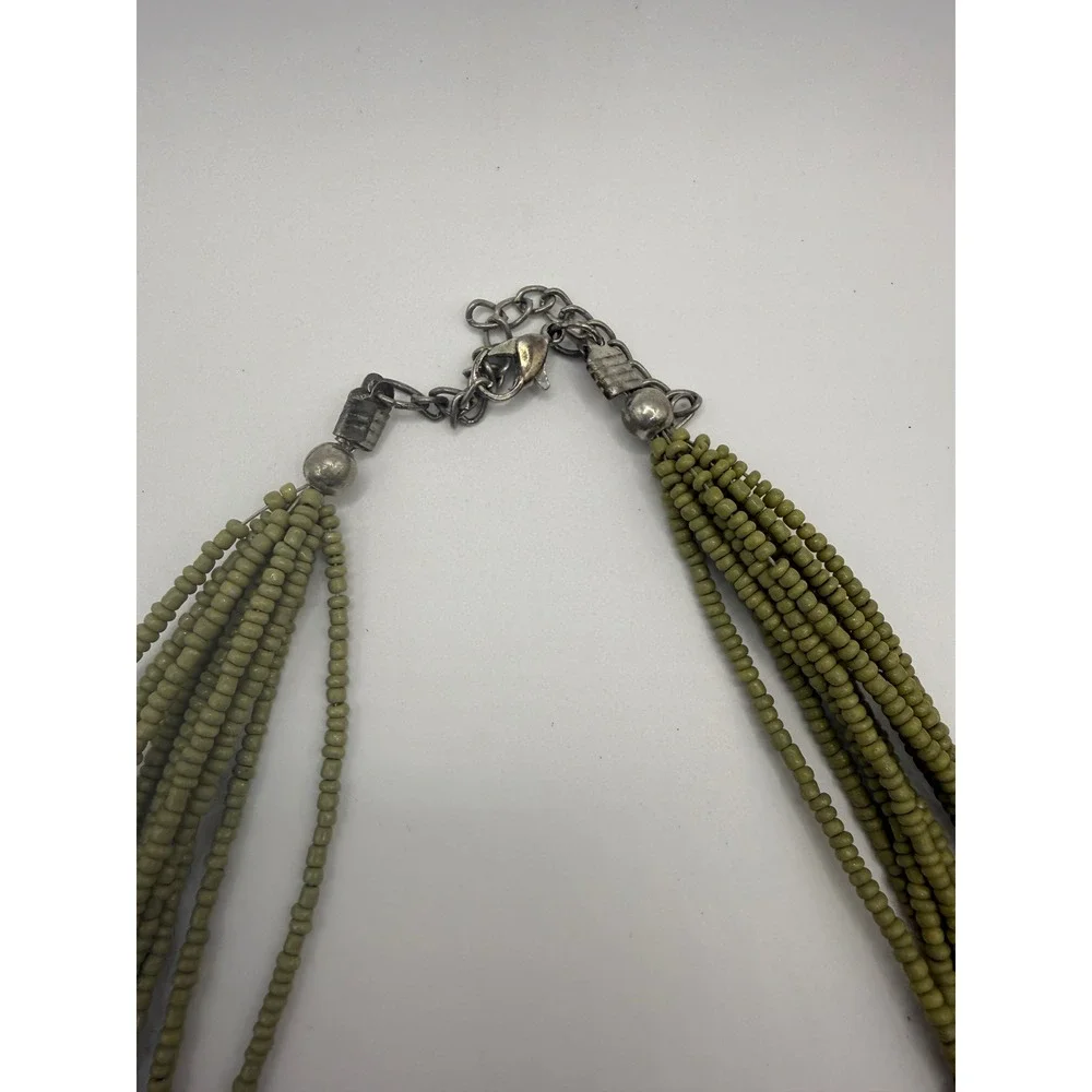 Boho Multi Strand Seed Bead Bib Statement Necklace Earth Tones Colorblock Silver